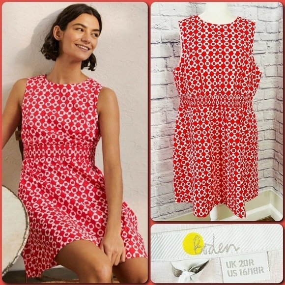 BODEN Coral Mosaic Sleeveless Smocked Waist Mini Dress - SIZE 16/18R - NWT - Picture 1 of 13